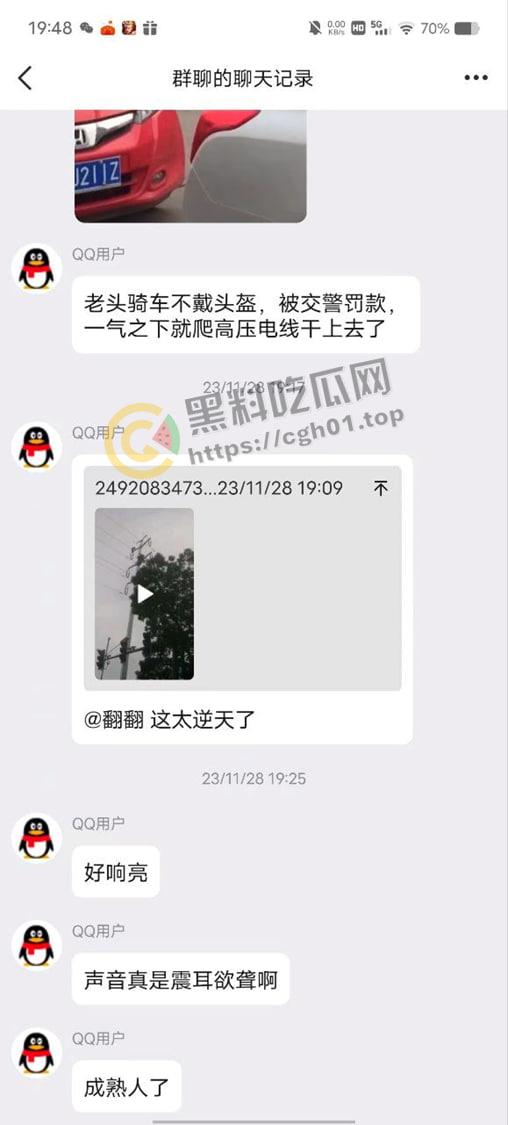 老头因汽车不戴头盔不满被罚款 爬上高压电线变身雷电法王 人都烧糊了