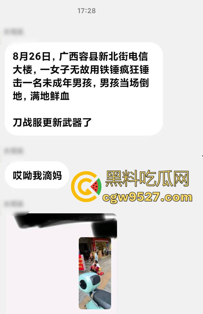 广西容县新北街电信大楼，疑似精神病中年妇女，拿铁锤砸一名小男孩，现场血腥恐怖！